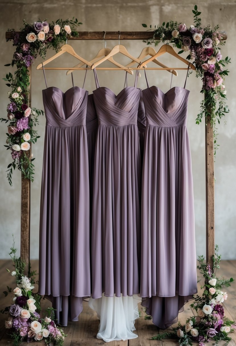 A group of dusty purple bridesmaid dresses hung on a rustic wooden rack, surrounded by floral arrangements in the same color palette