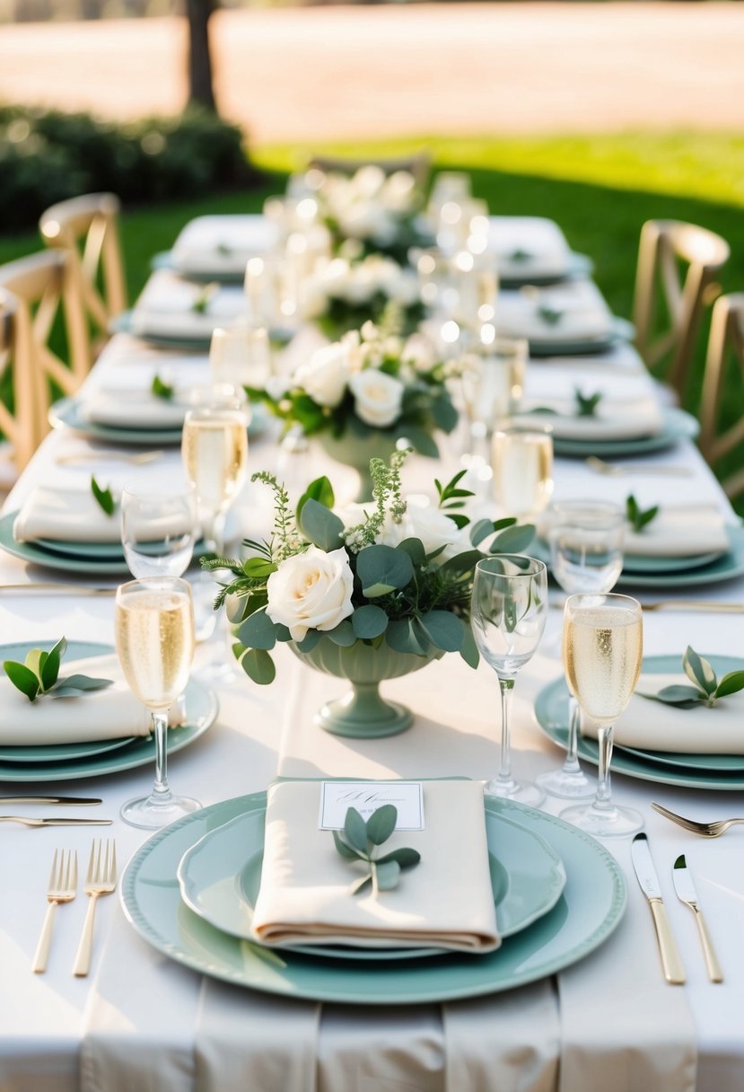 A serene wedding table setting with sage green accents and champagne-colored linens