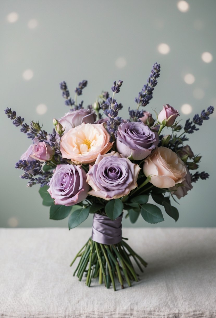 A dusty purple and blush pink bouquet of roses and lavender against a soft, muted background