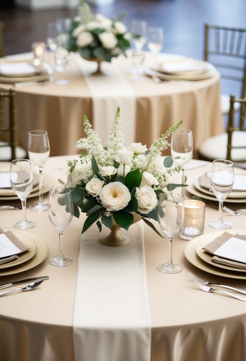 A serene wedding table set with beige and champagne linens, adorned with white floral accents