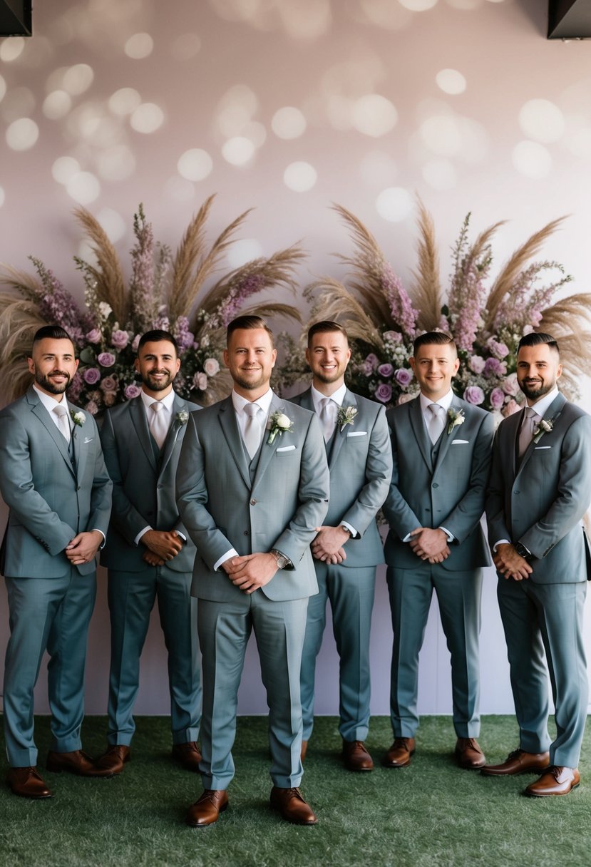 A group of groomsmen in grey suits stand in front of a backdrop of dusty purple flowers and decor, creating a sophisticated and elegant wedding scene