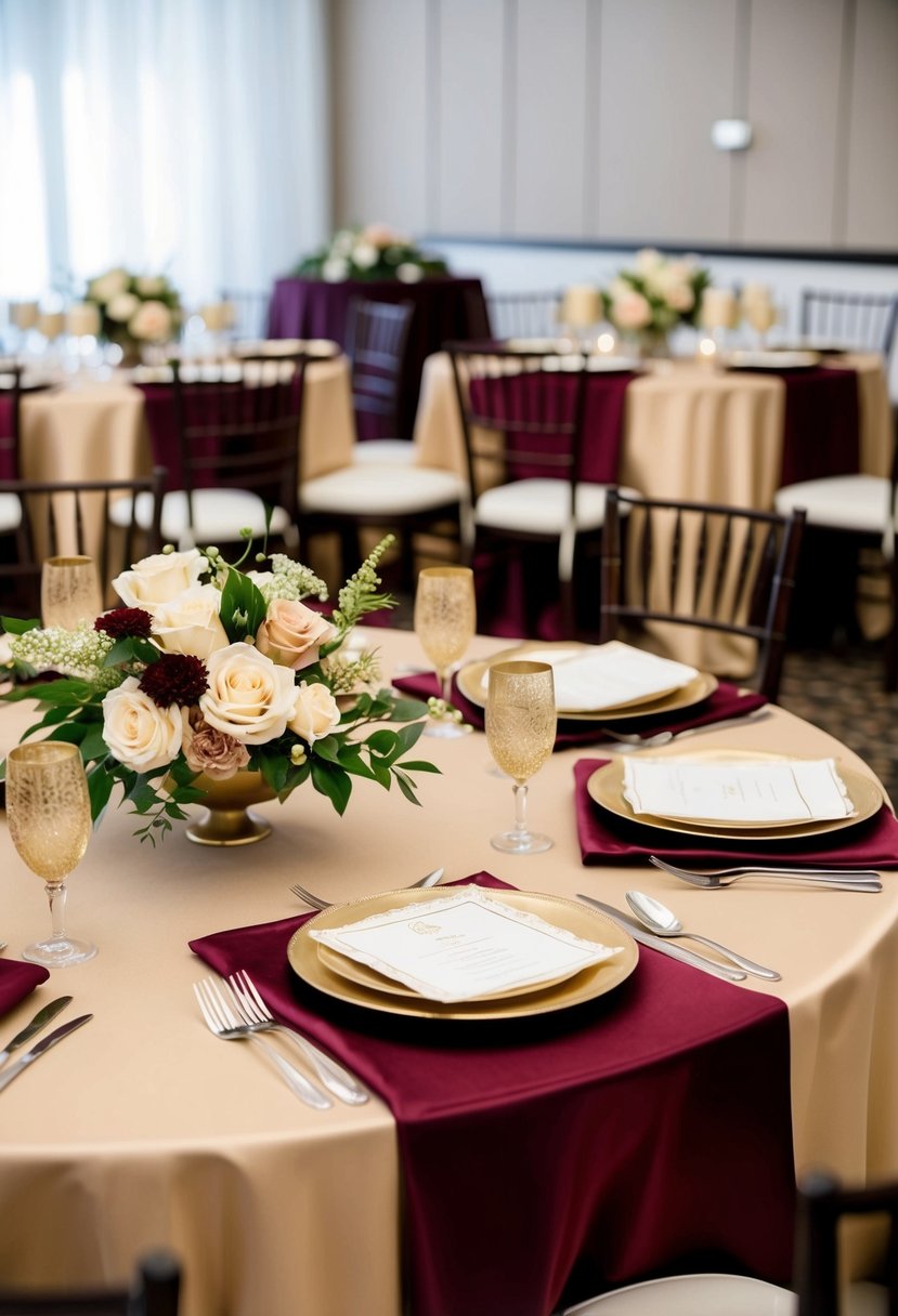 A table set with champagne and deep burgundy linens, adorned with beige and champagne floral centerpieces