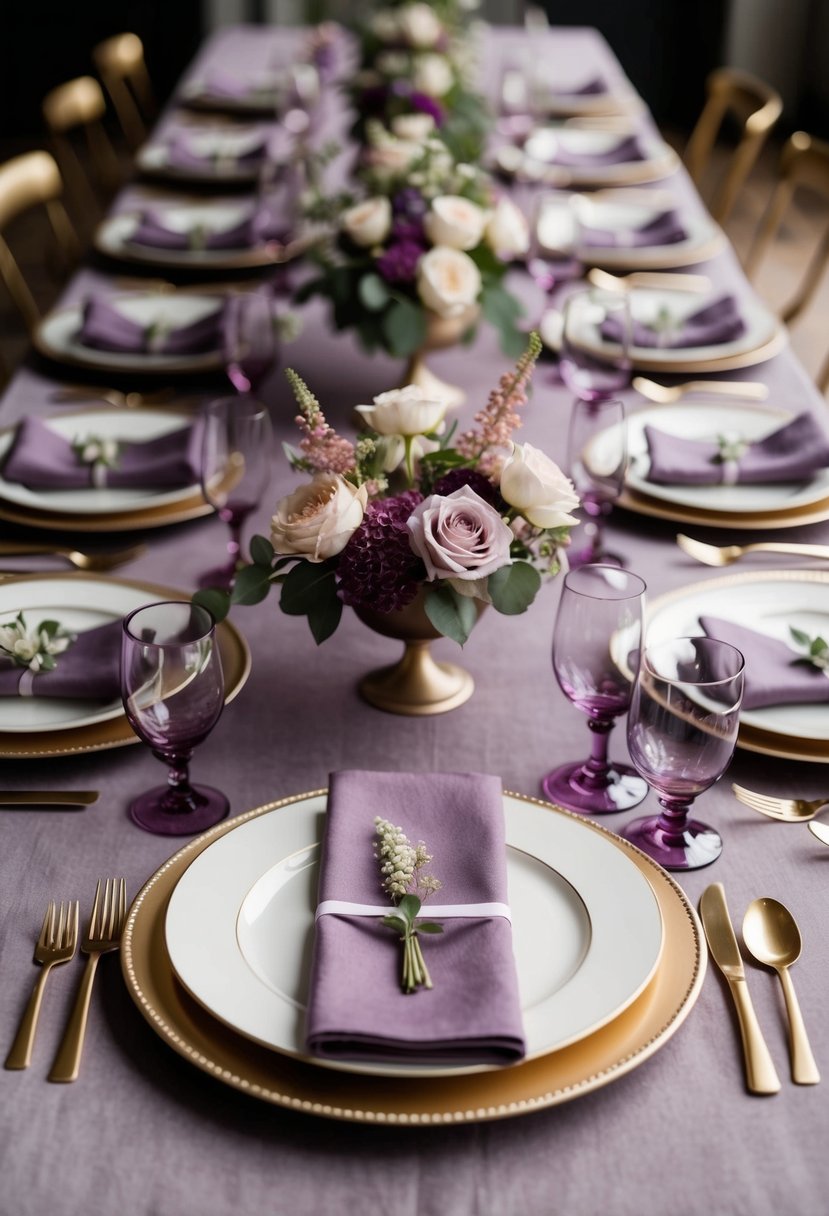 A dusty purple table adorned with matching plates, napkins, and floral centerpieces