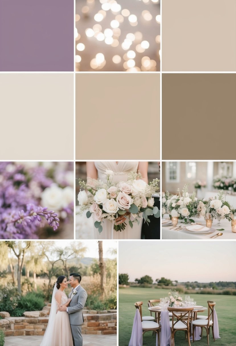 A neutral beige and champagne wedding palette with lavender accents