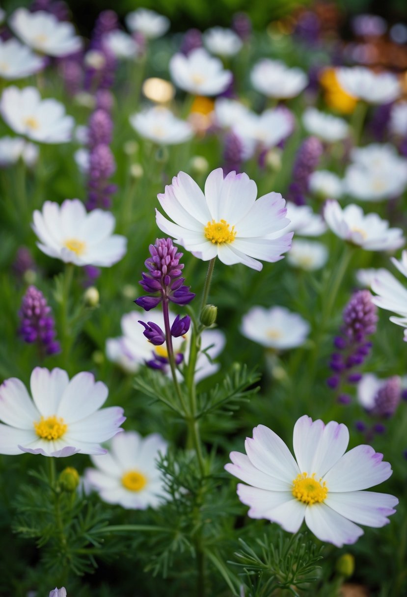 A garden filled with white flowers with delicate purple accents