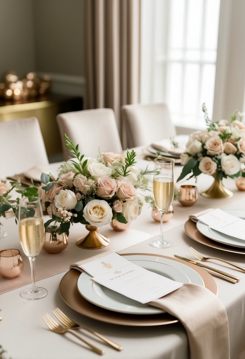 A romantic table setting with champagne and rose gold accents, featuring beige linens and delicate floral arrangements