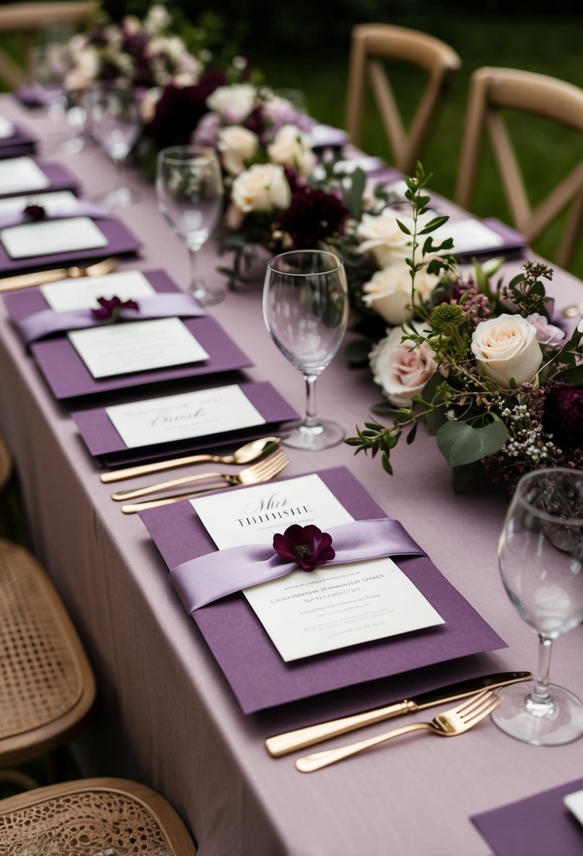 A table adorned with dusty purple invitation suites and wedding decor