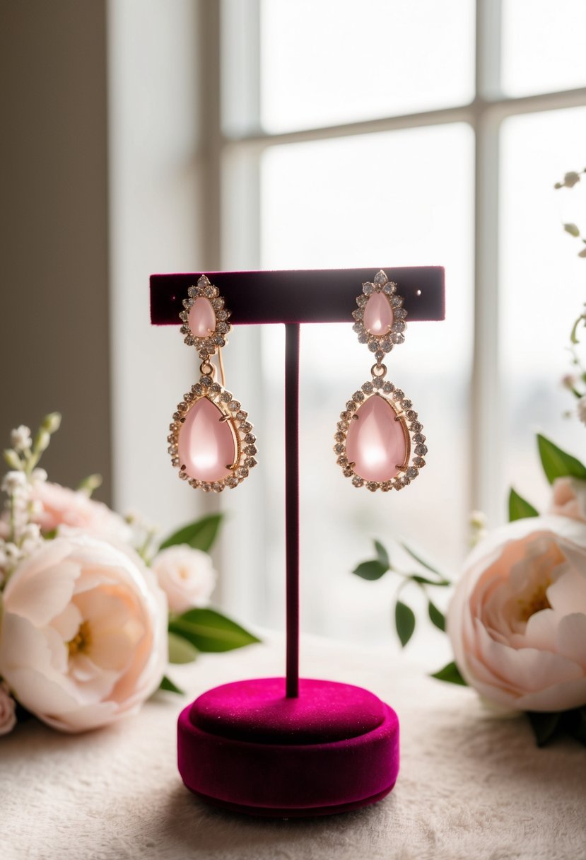 A pair of elegant pink wedding earrings displayed on a velvet cushion with soft lighting and delicate floral accents