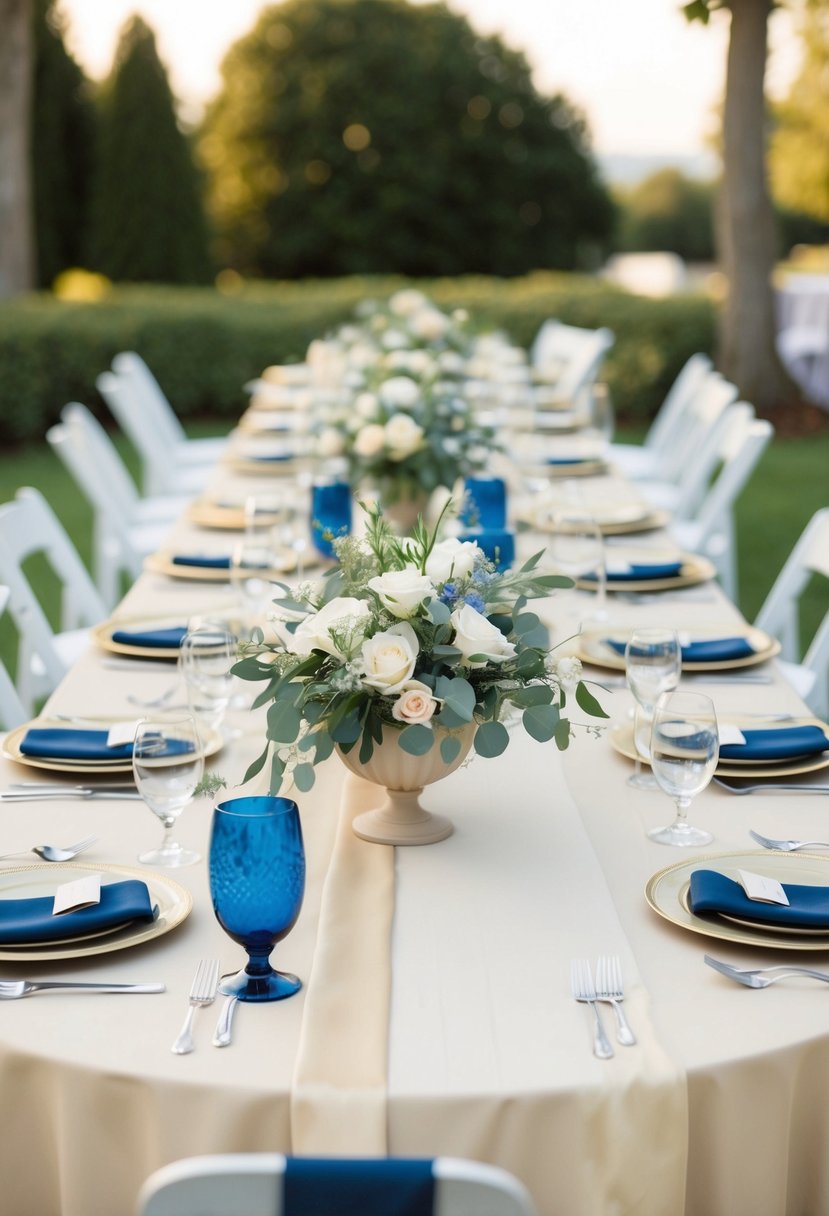 A serene wedding table set with beige and champagne linens, adorned with navy blue accents