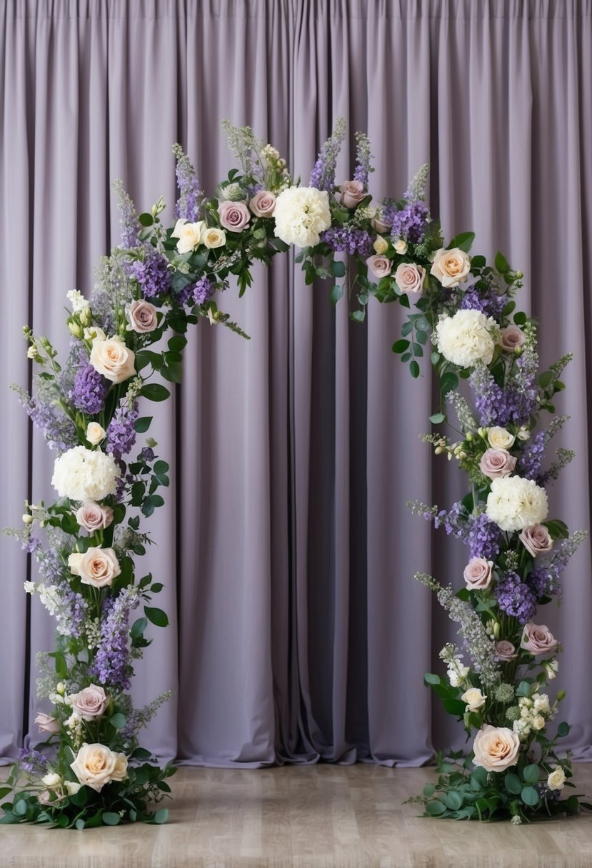 A floral archway with lavender, blush, and white blooms, set against a backdrop of dusty purple drapes