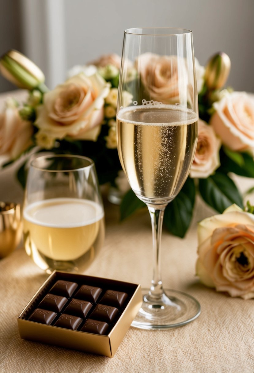 A champagne glass and a box of chocolate sit on a beige tablecloth, surrounded by champagne-colored flowers and decor