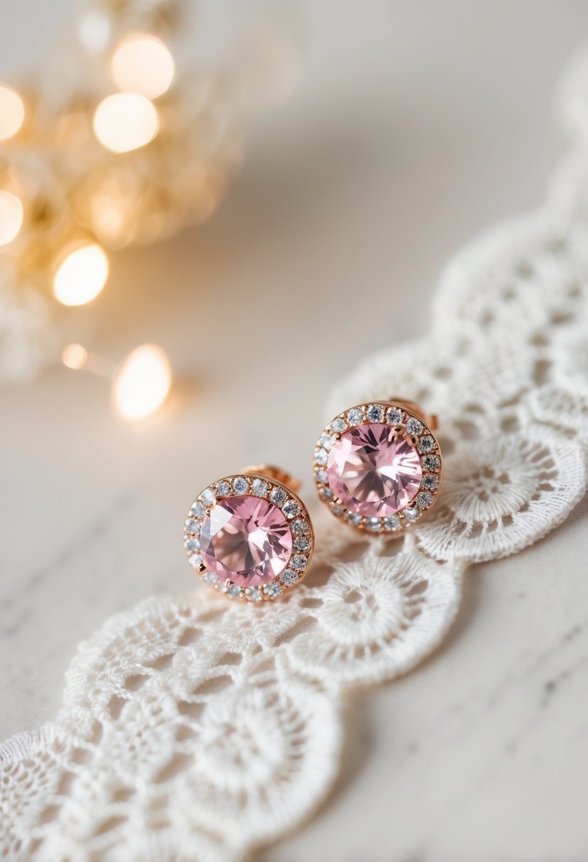 A pair of pink bridal earrings with sparkling Swarovski crystals, displayed on a delicate lace background with soft lighting