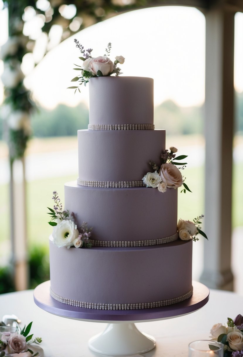 A three-tiered wedding cake with dusty purple frosting, adorned with delicate floral decorations in the same color scheme