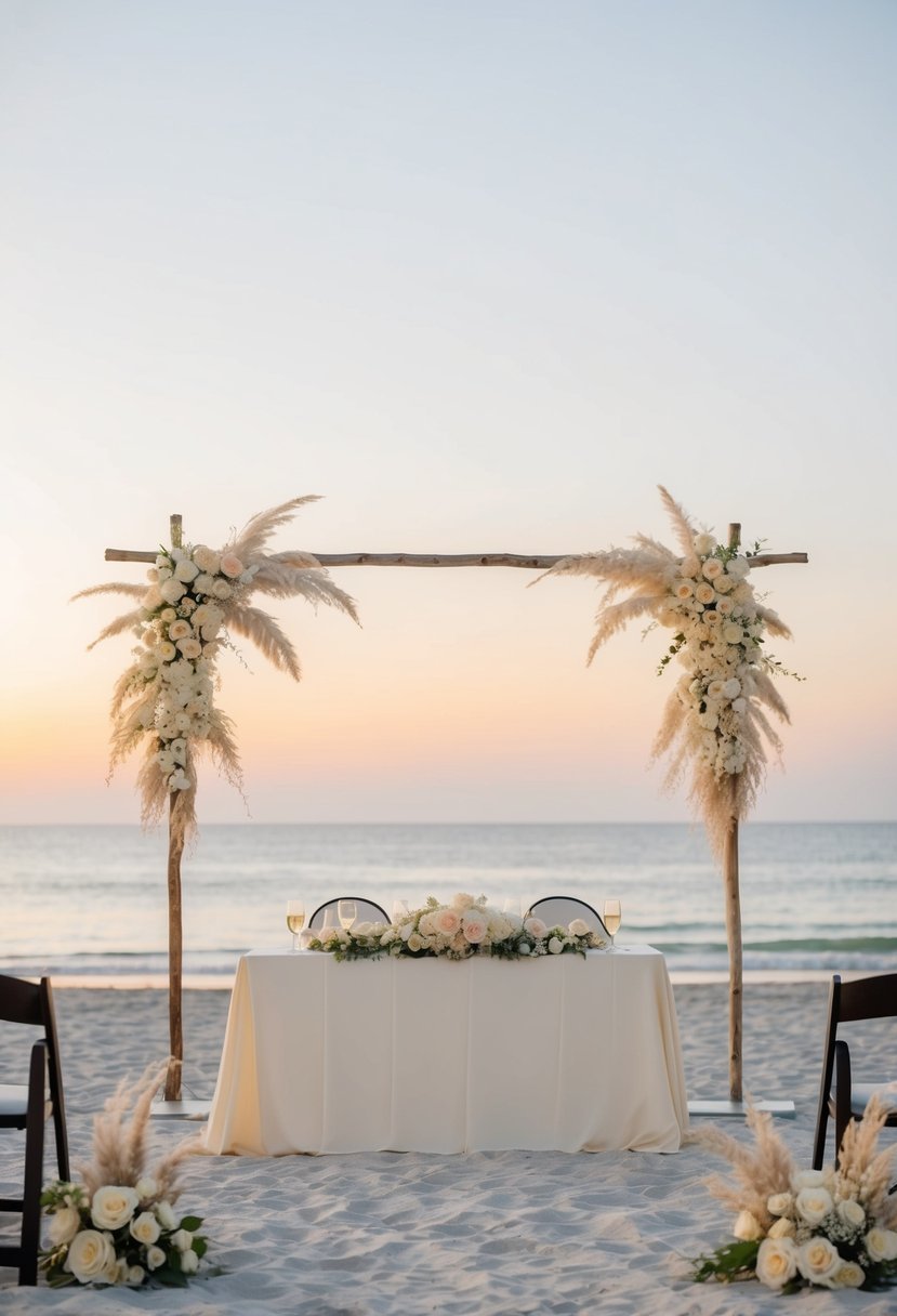 A serene beach at sunset, with ivory, beige, and champagne colored flowers and decor adorning a simple, elegant wedding setup