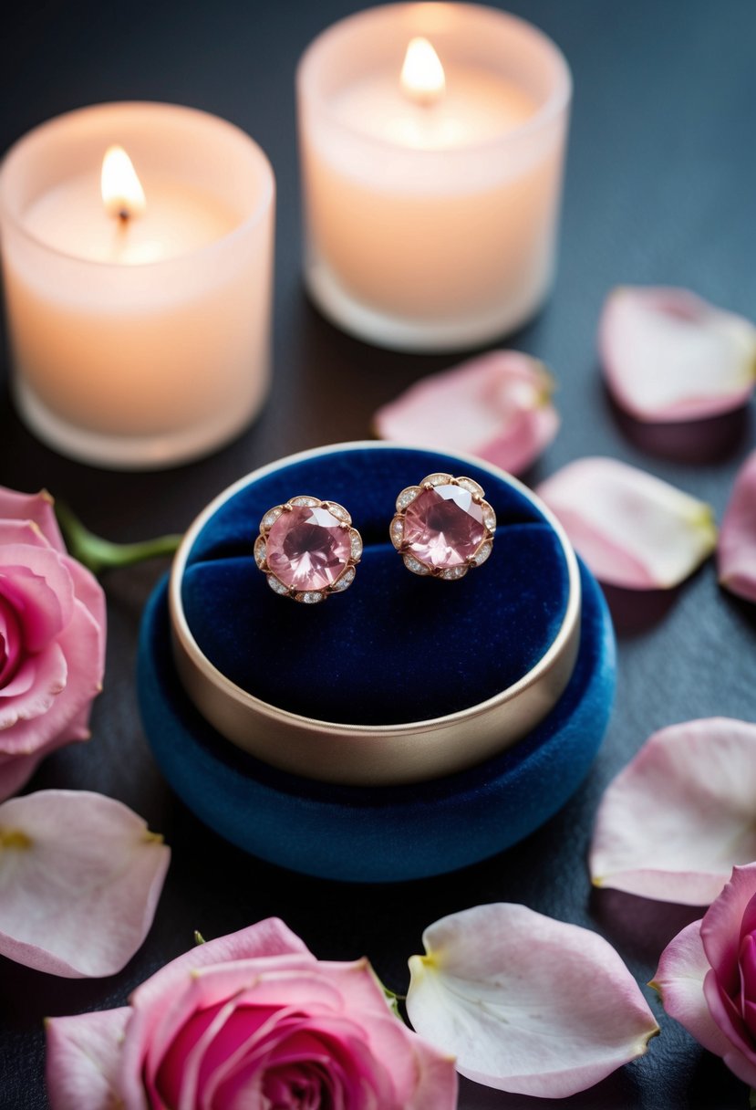 A pair of vintage rose faceted stone earrings displayed on a velvet cushion, surrounded by delicate pink rose petals and soft candlelight