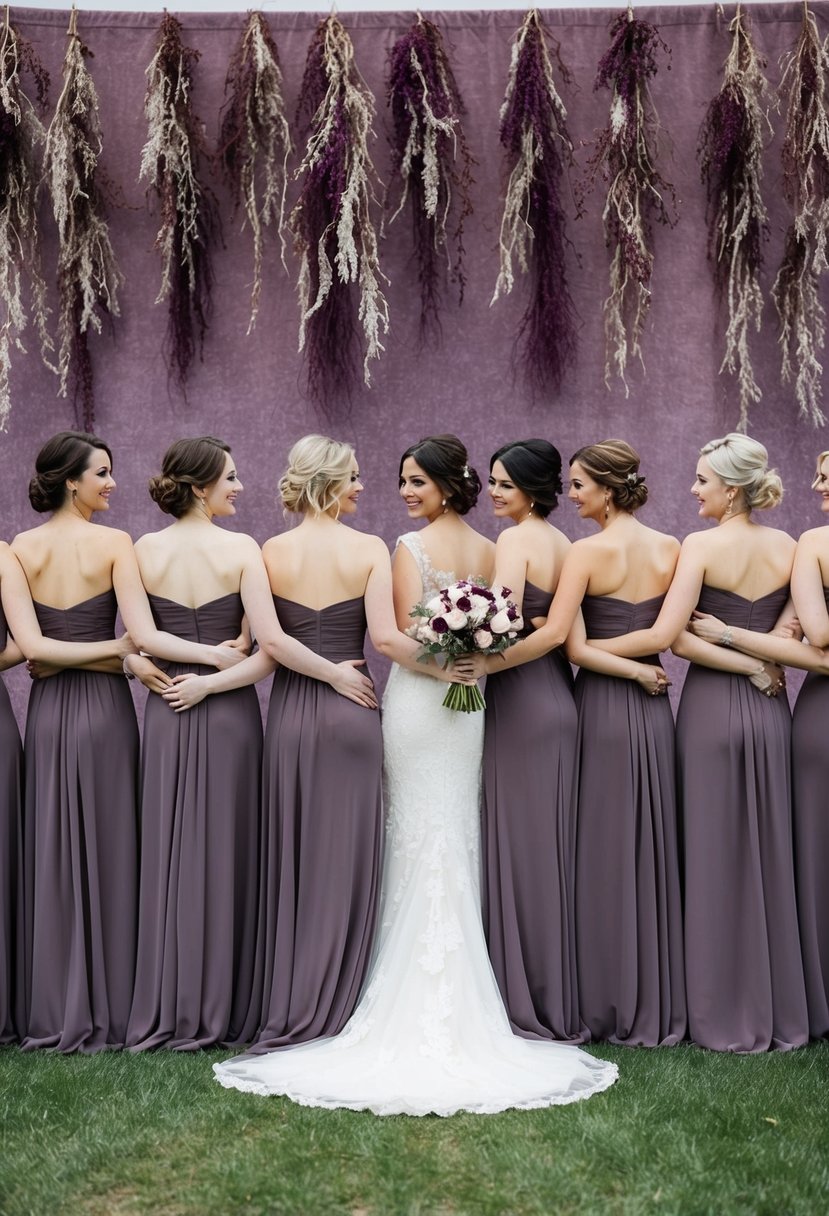 A group of eggplant-colored bridesmaid dresses arranged in a row, set against a backdrop of dusty purple wedding decor