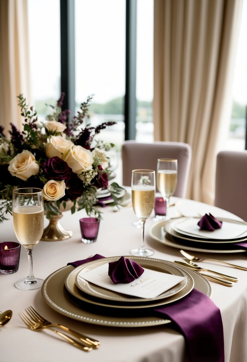 A table set with champagne and plum-colored decor, featuring elegant and sophisticated wedding color ideas