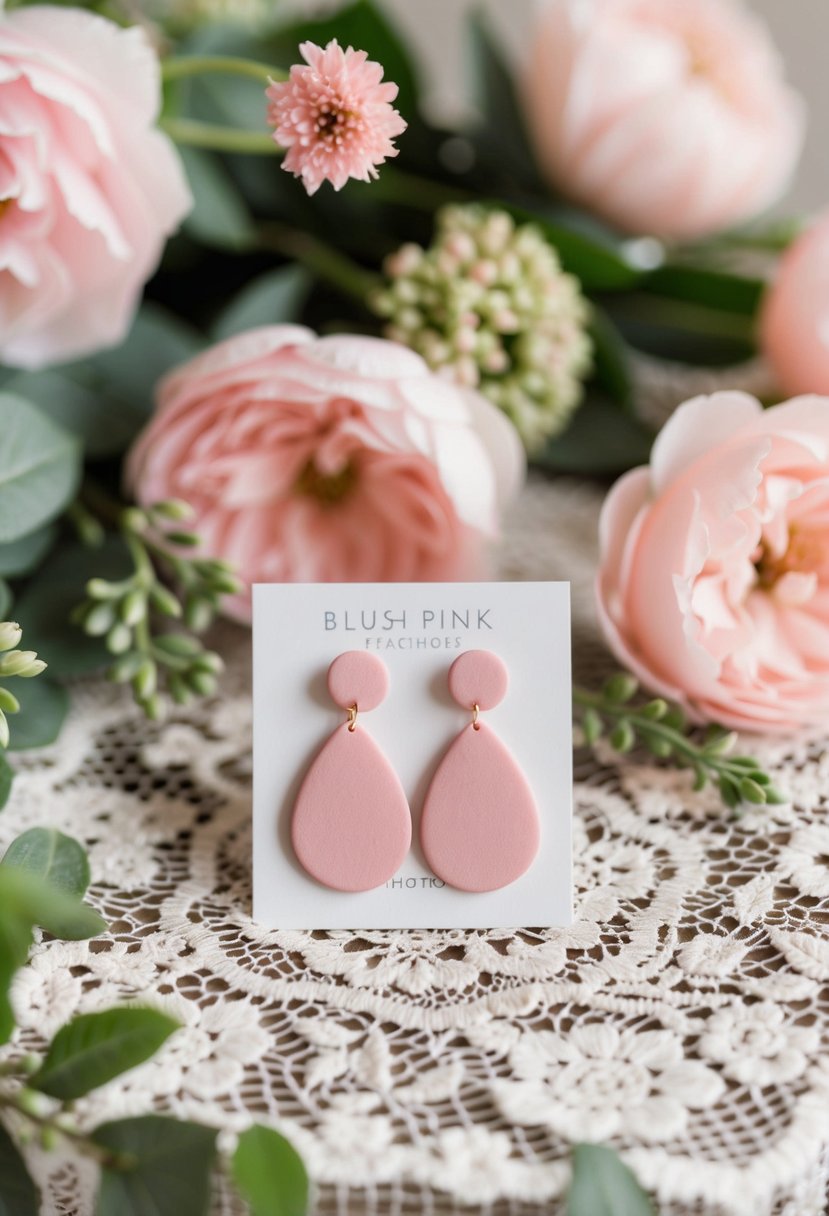 A delicate pair of blush pink earrings displayed on a lace-covered table, surrounded by soft pink flowers and greenery