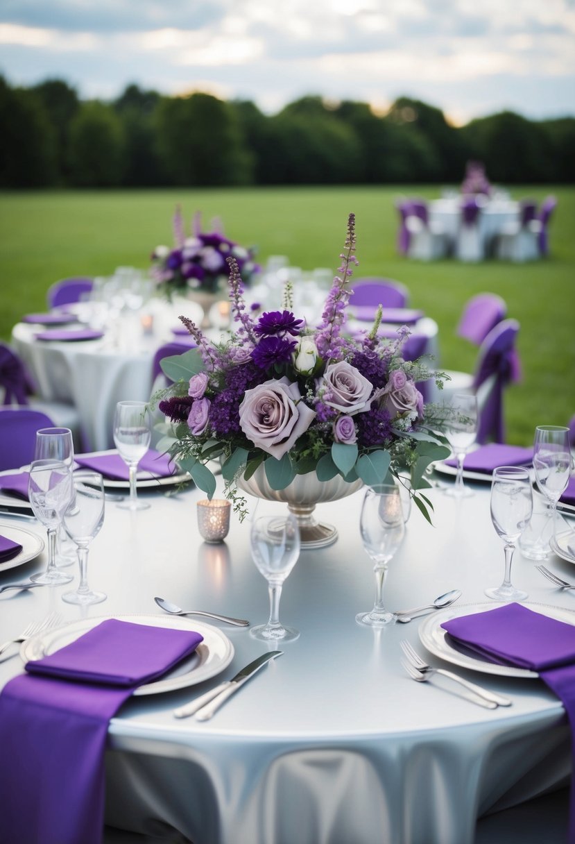 A silver and purple table adorned with dusty purple flowers and decorations for a wedding