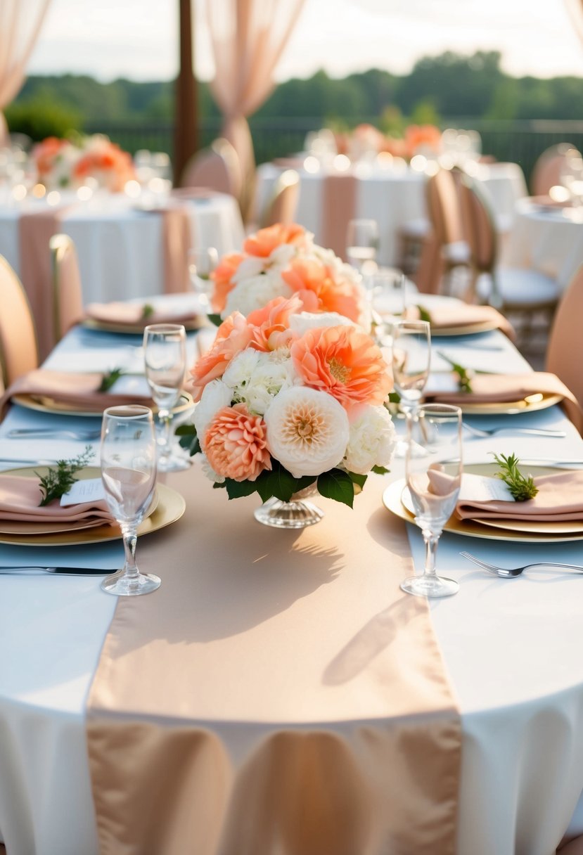 A serene wedding table setting with beige and champagne linens, adorned with coral floral centerpieces and accents