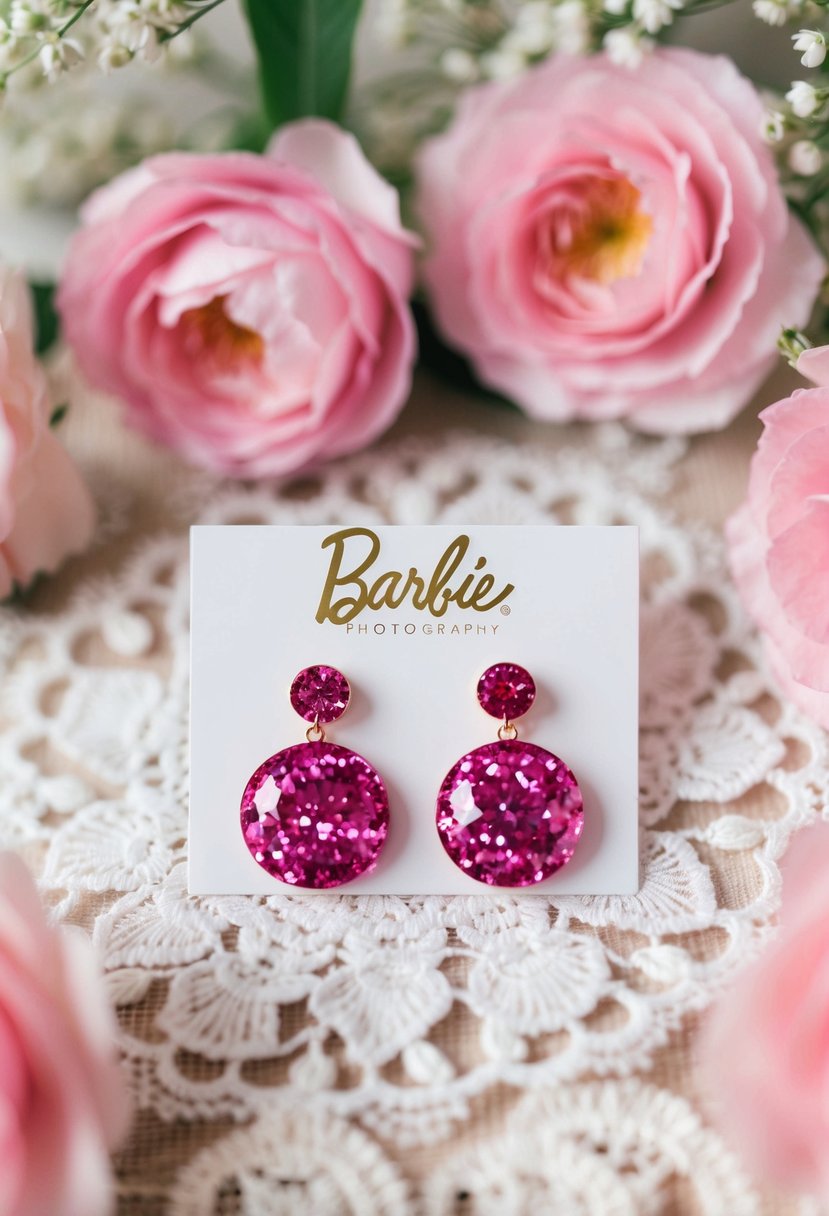 A pair of Barbie pink glittery earrings displayed on a white lace background, surrounded by delicate pink flowers and wedding decor