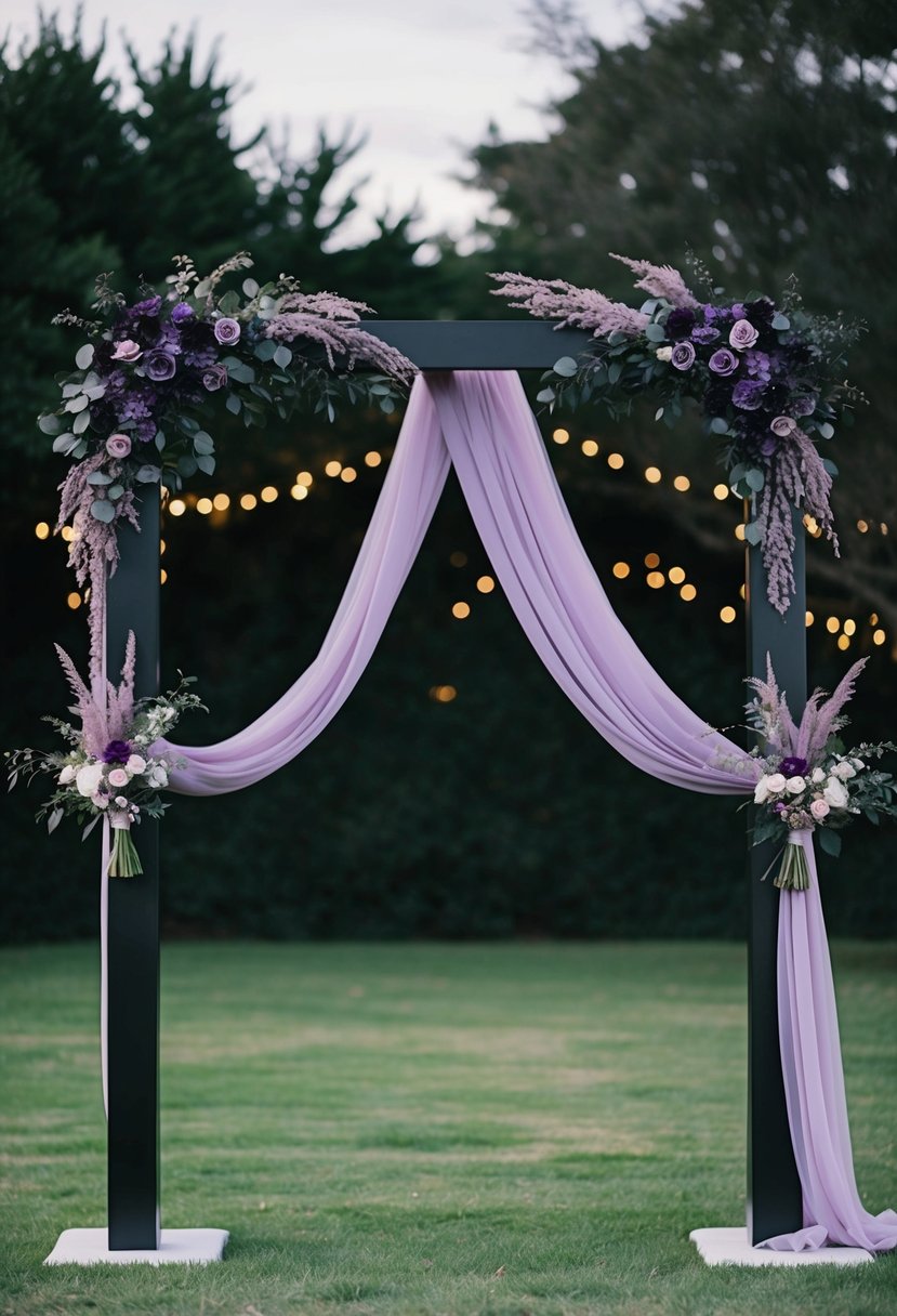 A black and purple wedding arch adorned with dusty purple flowers and draped fabric, set against a background of twinkling lights and dark foliage