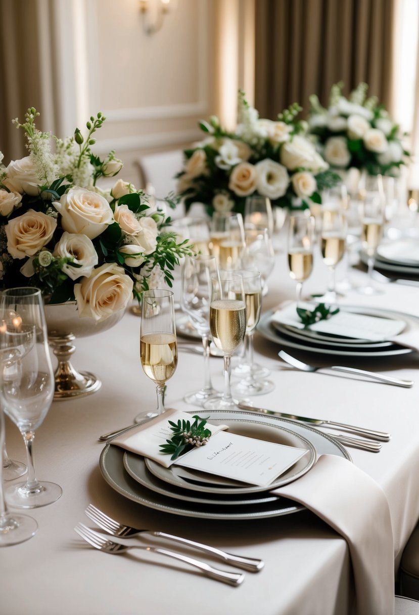 A luxurious champagne and silver wedding table setting with elegant floral centerpieces and sophisticated place settings