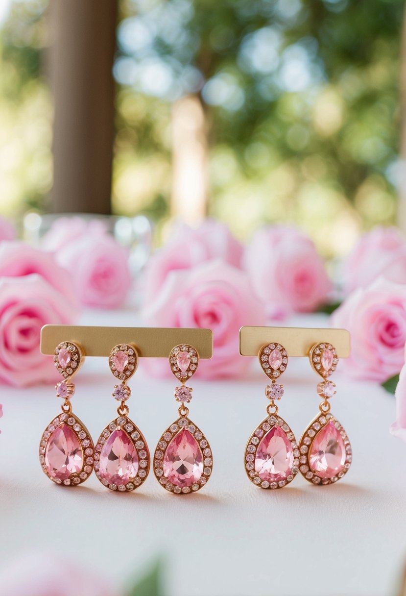 A table adorned with pink rhinestone dangle earrings, arranged for bridesmaids