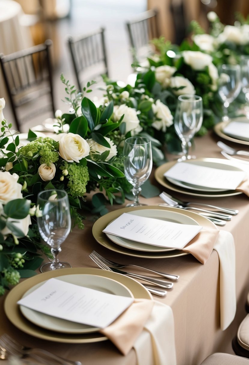 A serene wedding table adorned with beige and champagne linens, accented with lush emerald green floral centerpieces