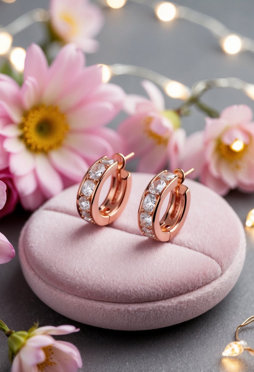 A pair of rose gold and cubic zirconia earrings displayed on a soft pink velvet cushion, surrounded by delicate pink flowers and sparkling fairy lights