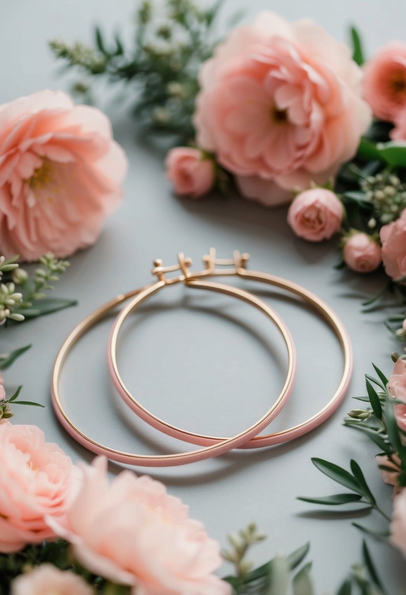 Two delicate blush pink wedding hoops surrounded by soft pink flowers and greenery