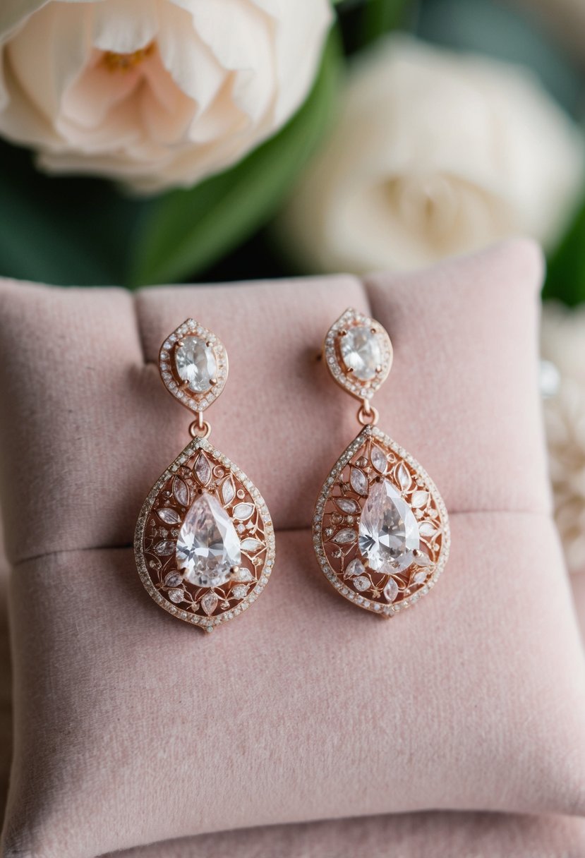 A delicate pair of pink bridal earrings with intricate details and sparkling gemstones, displayed on a soft velvet cushion