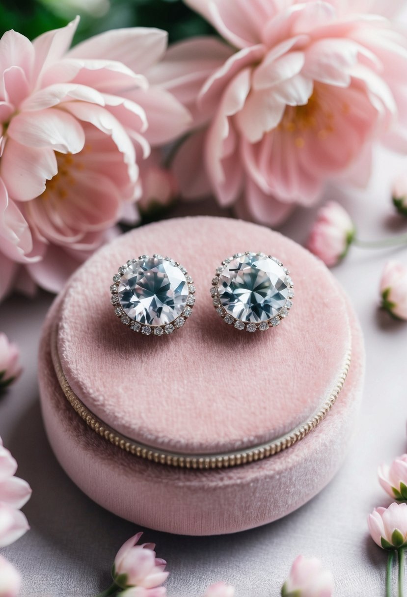 A pair of elegant crystal pearl earrings displayed on a soft pink velvet cushion, surrounded by delicate pink flowers