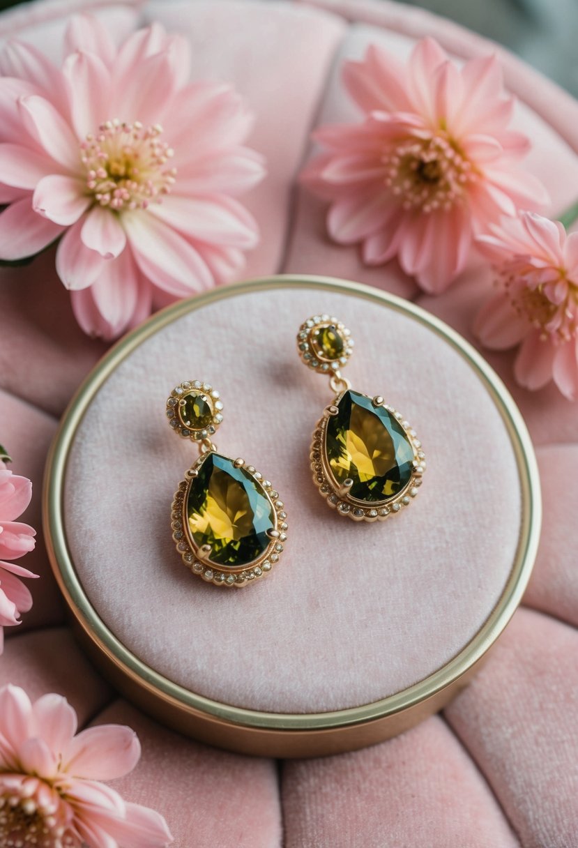 A pair of erinite gold tone earrings displayed on a soft pink velvet background, surrounded by delicate pink flowers and shimmering gold accents