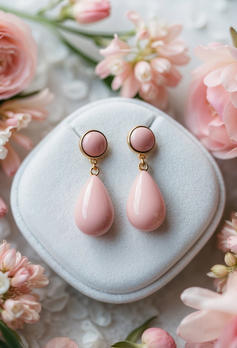 A pair of blush pink drop earrings displayed on a white velvet cushion, surrounded by delicate pink flowers and soft, romantic lighting