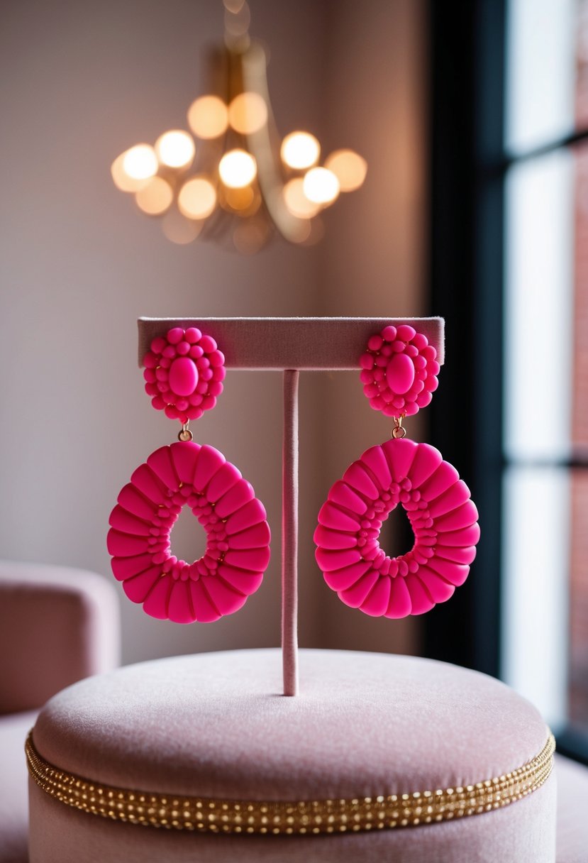 A pair of statement pink earrings displayed on a velvet cushion with soft lighting