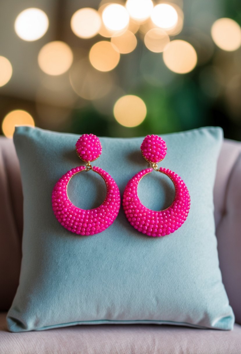 A pair of glamorous Barbie pink earrings displayed on a velvet cushion with soft lighting