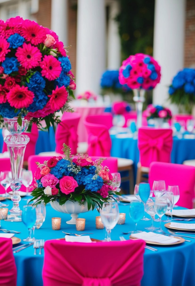 A hot pink and blue wedding scene with vibrant floral arrangements, elegant table settings, and a romantic ambiance