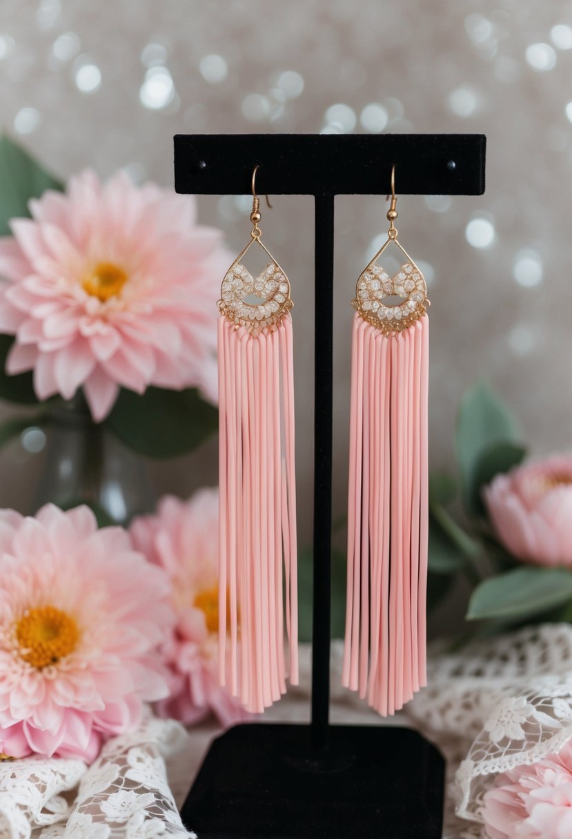 A pair of long pink statement earrings hanging from a jewelry stand, surrounded by soft pink flowers and delicate lace fabric