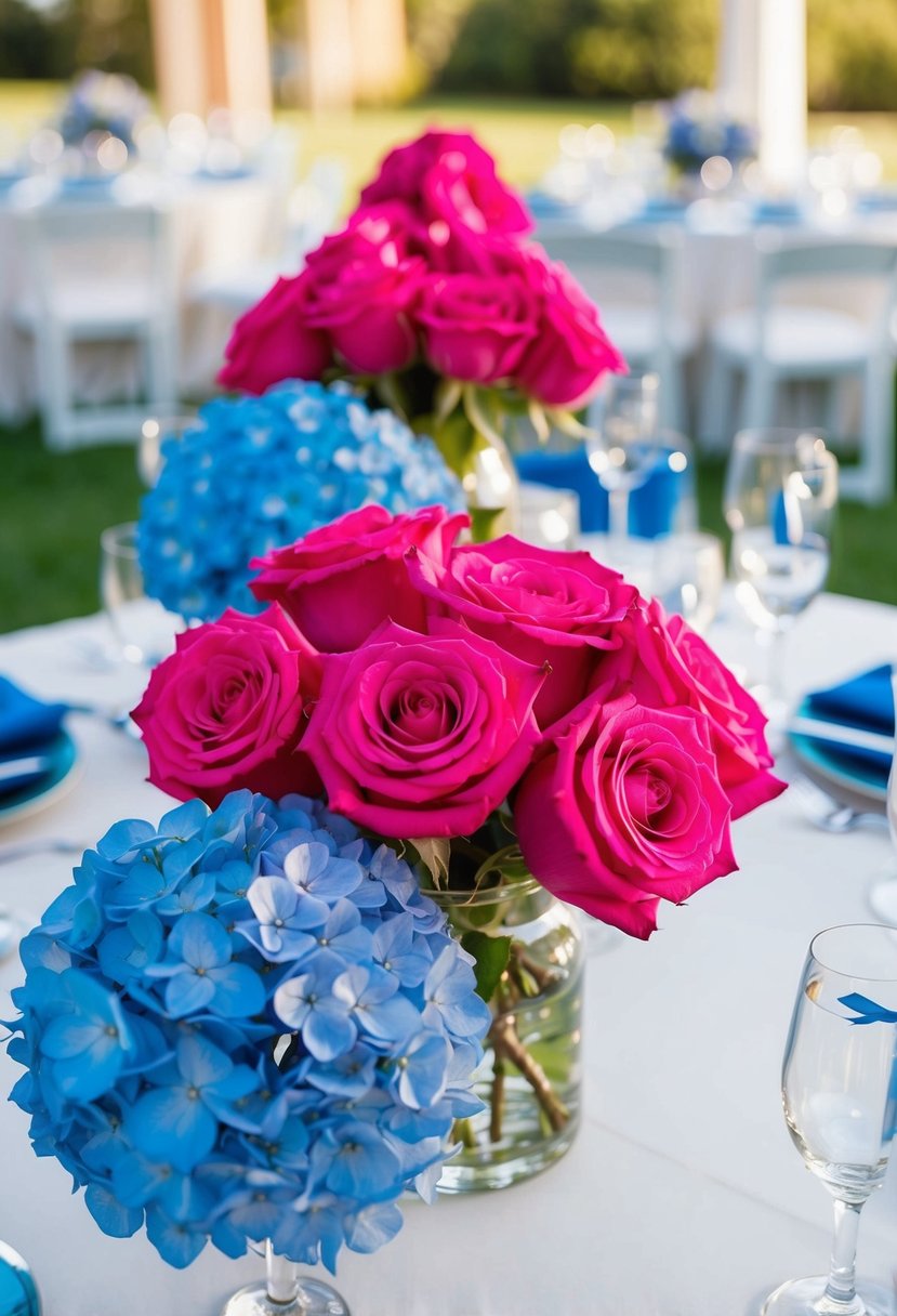 Hot pink roses and blue hydrangeas arranged in centerpieces for a wedding