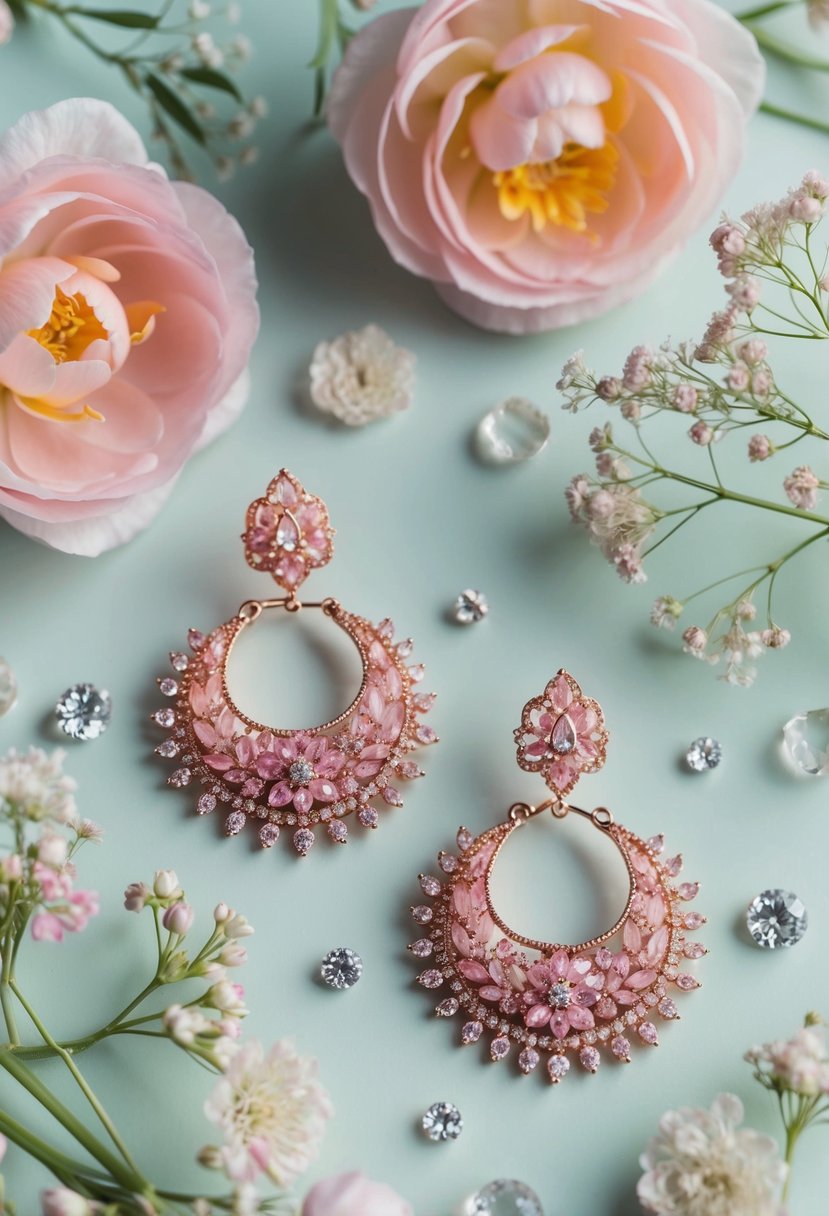 A pair of intricate pink bridal earrings displayed on a soft pastel background, surrounded by delicate floral accents and sparkling gemstones