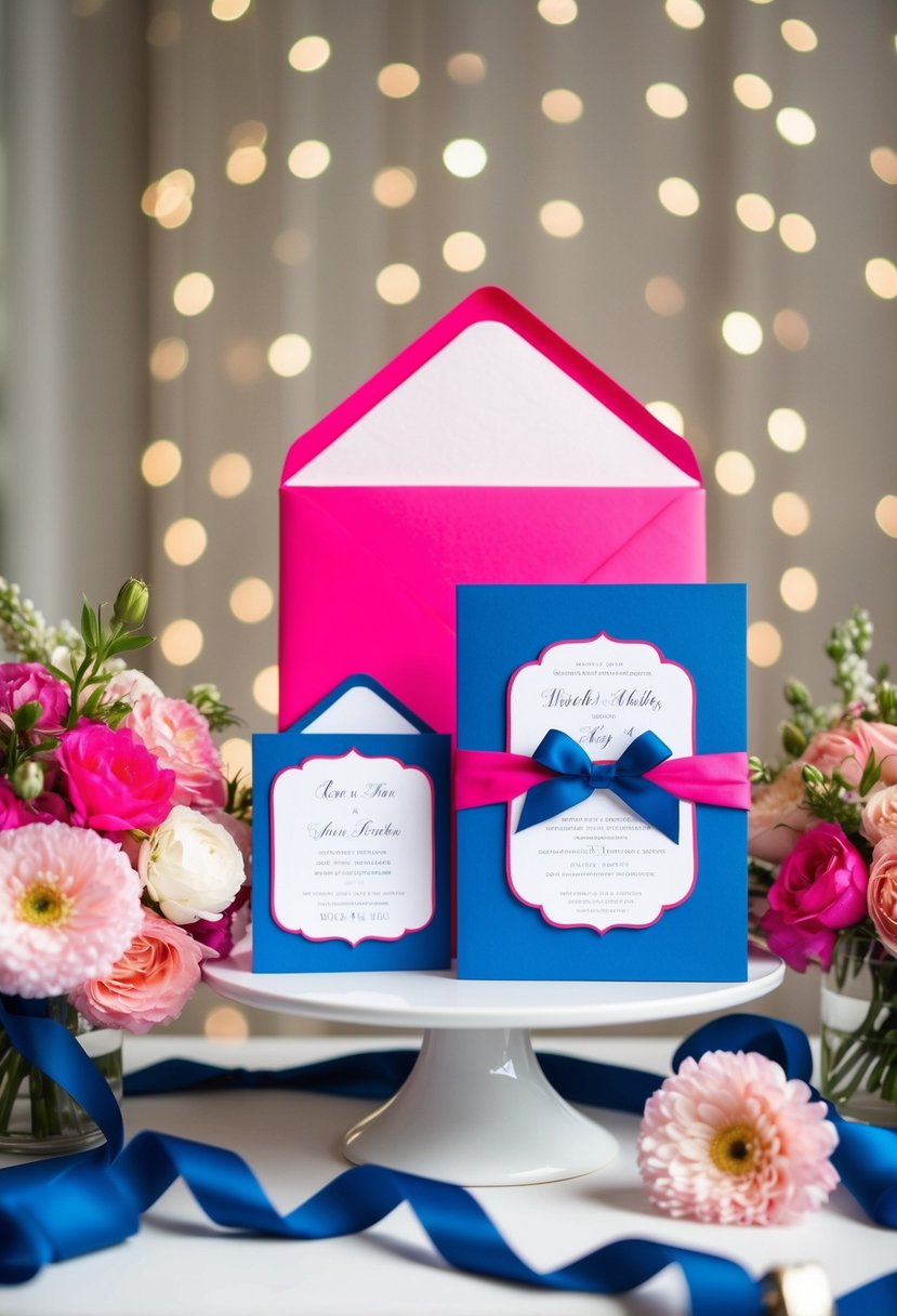 A vibrant pink and blue invitation suite displayed on a white table with coordinating flowers and ribbons