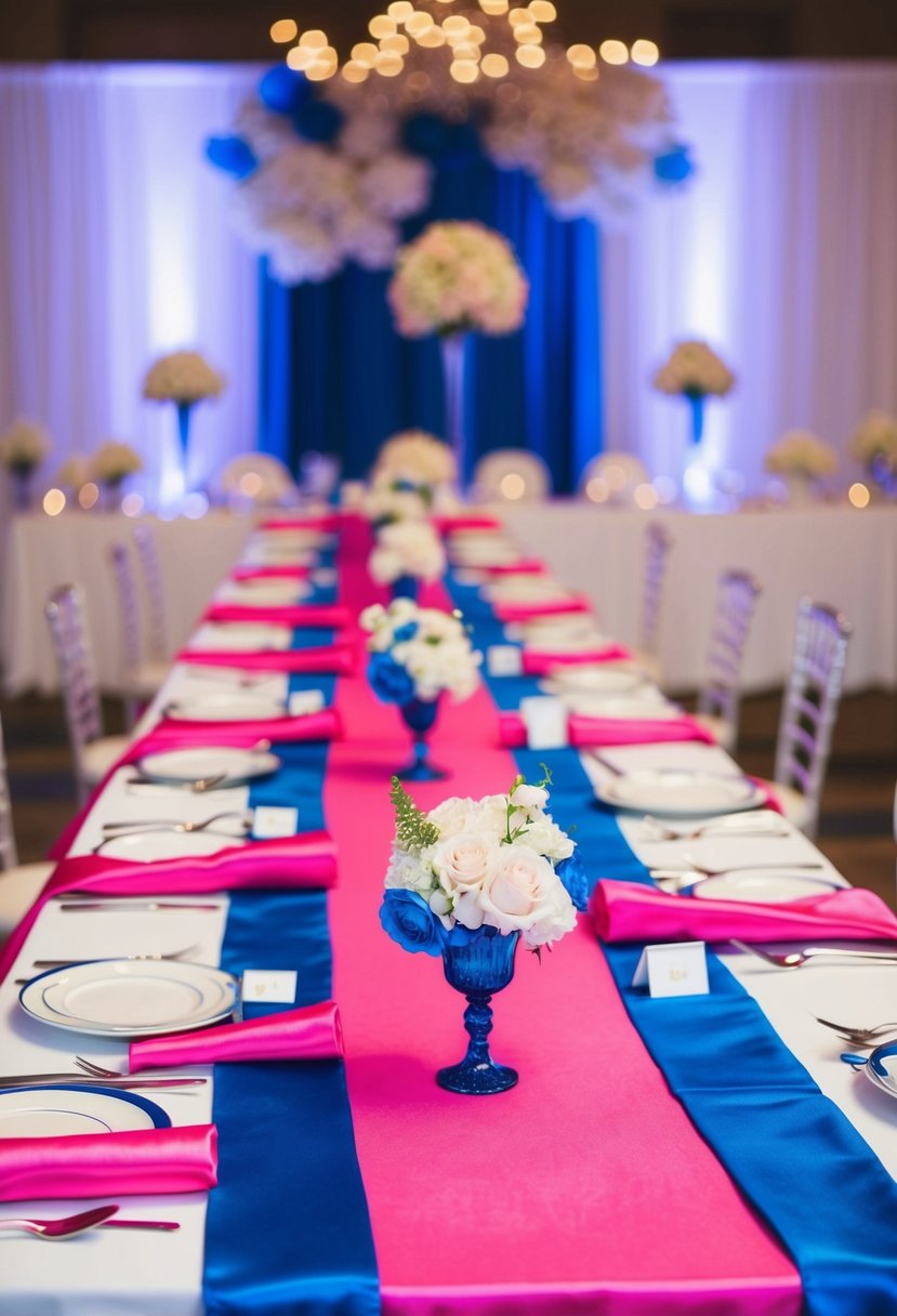 Hot pink satin table runners adorned with blue accents, set against a backdrop of a wedding reception