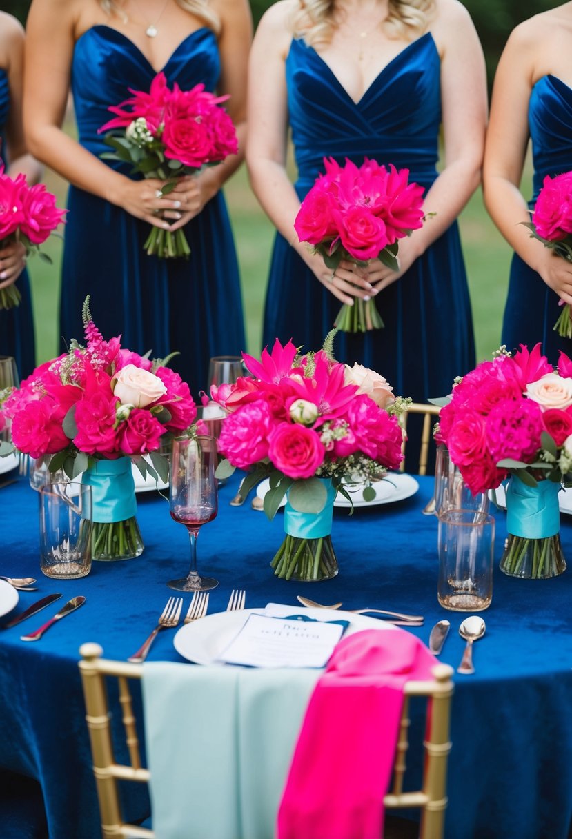 A group of blue velvet bridesmaid dresses with hot pink bouquets arranged on a table, showcasing a vibrant color scheme for a wedding