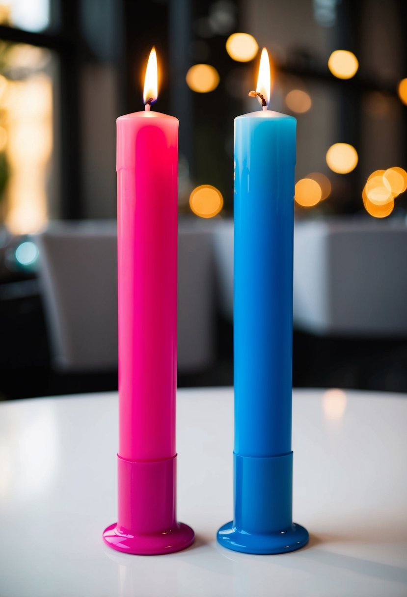 Two taper candles, one hot pink and one blue, dipped in contrasting colors, standing side by side on a white table