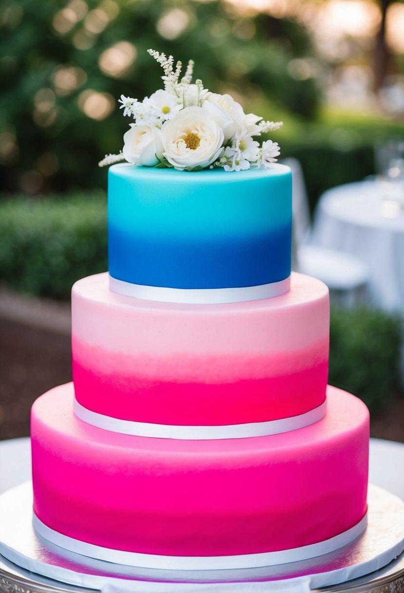 A three-tier wedding cake with a smooth ombre transition from hot pink at the bottom to a vibrant blue at the top, adorned with delicate white floral decorations