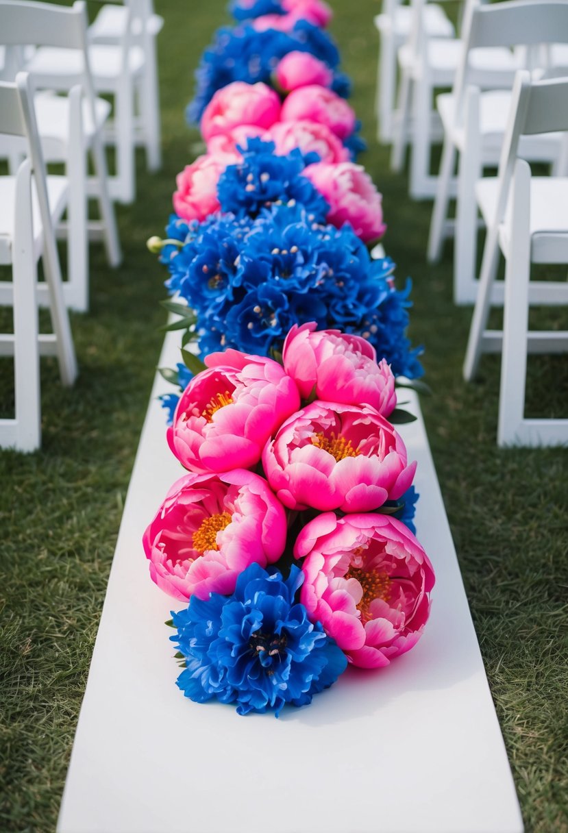 Hot pink peonies and blue delphiniums arranged in alternating clusters along a white aisle runner