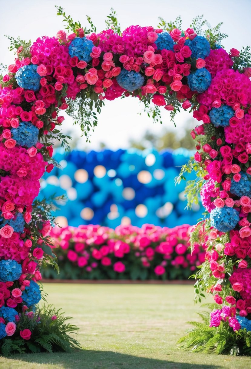 A vibrant floral archway with hot pink and blue flowers, creating a colorful and romantic wedding backdrop