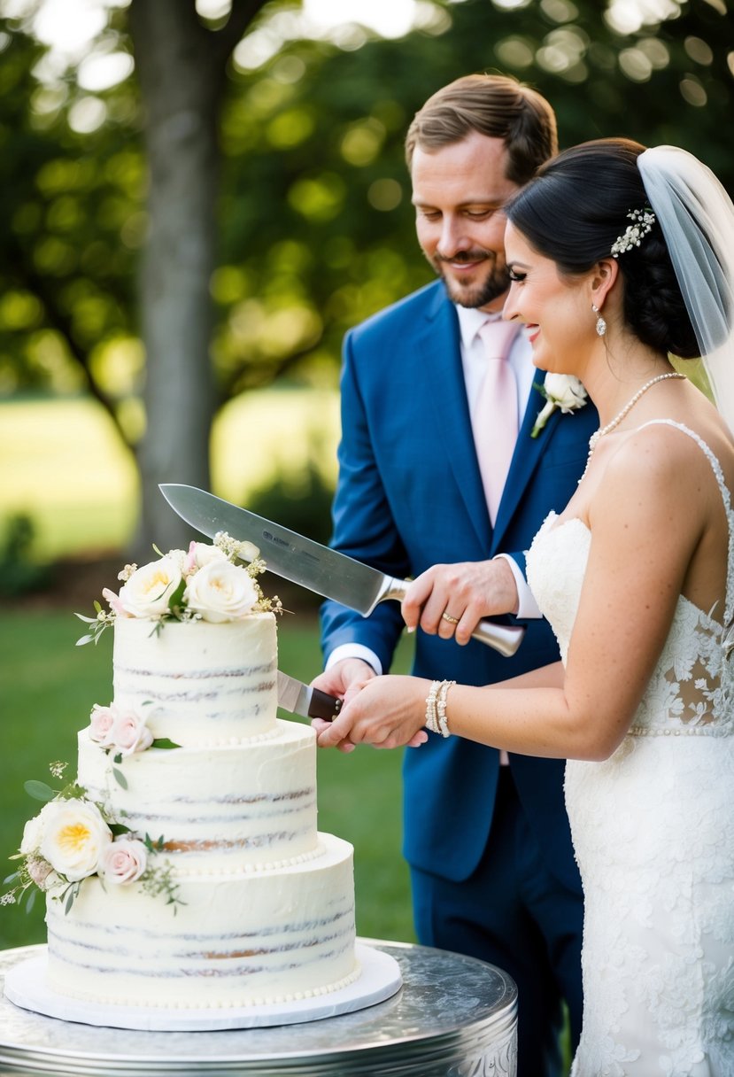 A couple stands together, cutting a tiered wedding cake with a large knife. The cake is adorned with flowers and delicate icing details