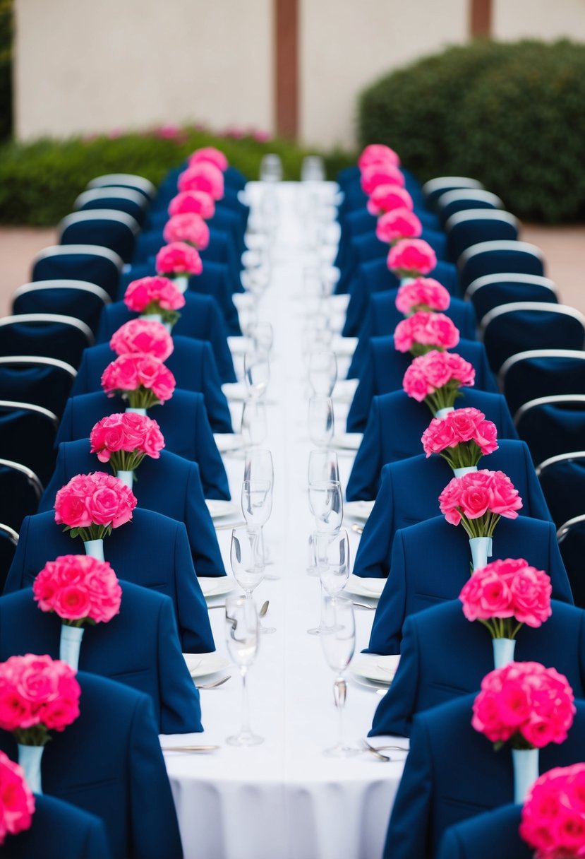 Navy blue suits with hot pink boutonnieres arranged on a white tablecloth